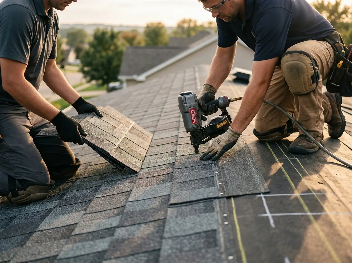 Professional roofer working on a residential roof in Ocean